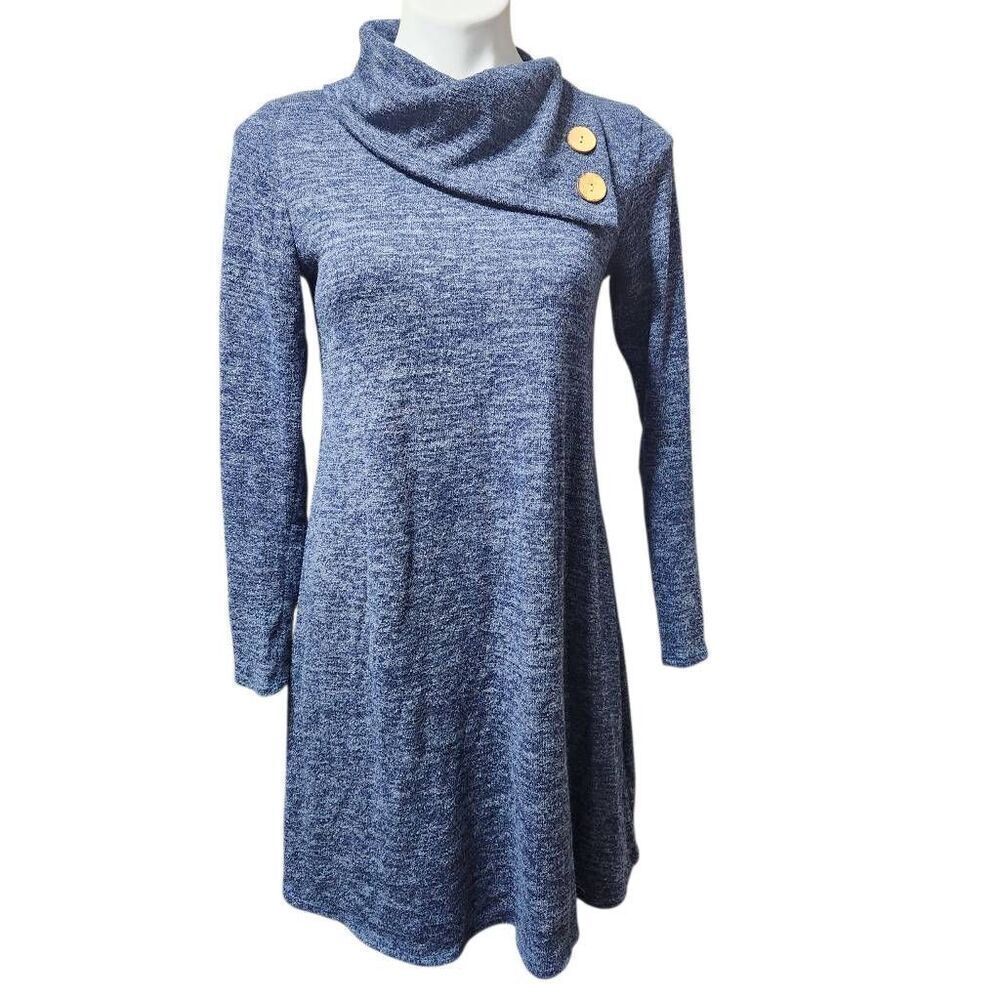 Chris & Carol knit‎ sweater dress blue button detail faux turtle neck small